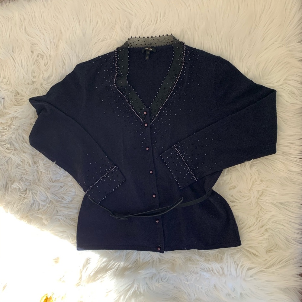 Escada navy beaded cashmere belted cardigan